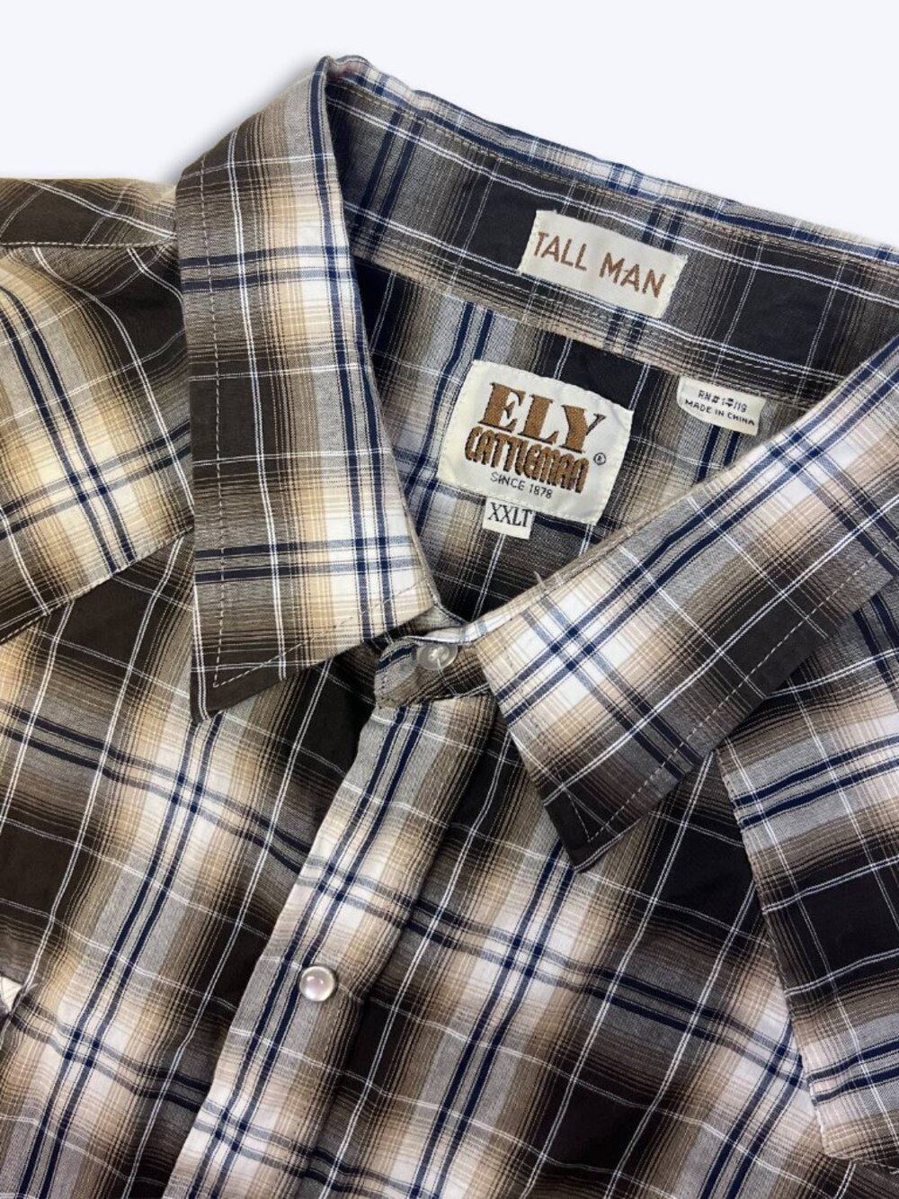 Ely Cattleman Men 2XLT Western Pearl Snap Short Sleeve Plaid Shirt Black White